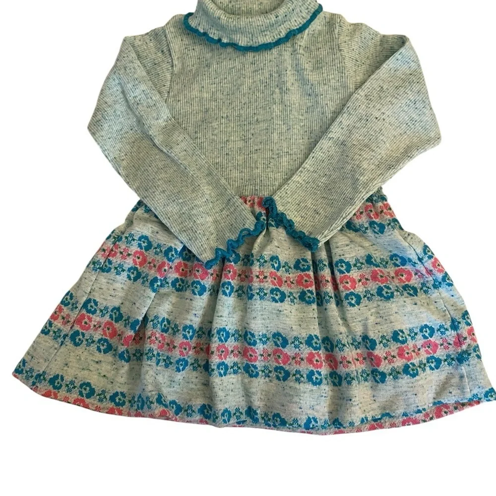 Vintage 70s Cozy Knit Teal & pink turtle neck w/ Floral Pattern Dress